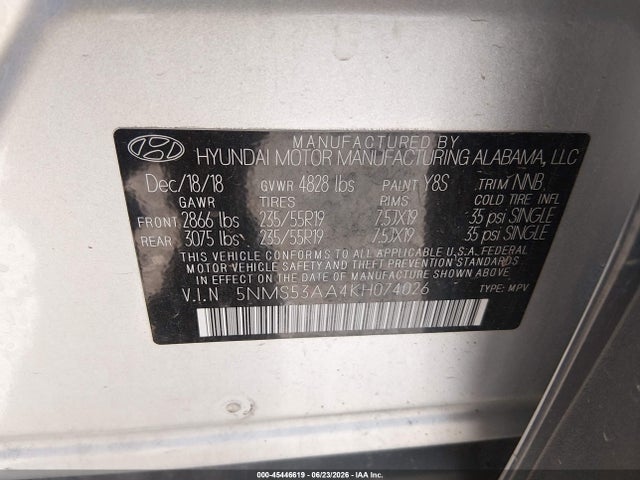 Продажа на аукционе авто 2019 Hyundai Santa Fe Ultimate 2.0t, vin: 5NMS53AA4KH074026, номер лота: 45446619