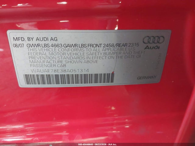 45446645 :رقم المزاد ، WAUAF78E38A051314 vin ، 2008 Audi A4 مزاد بيع