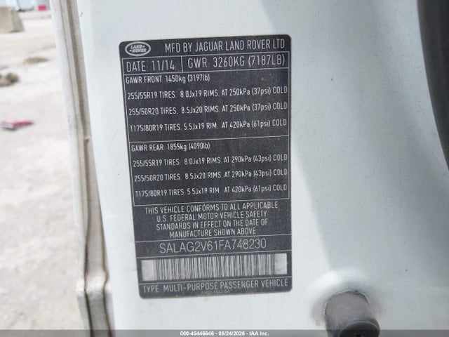 Продаж на аукціоні авто 2015 Land Rover Lr4, vin: SALAG2V61FA748230, номер лоту: 45446646