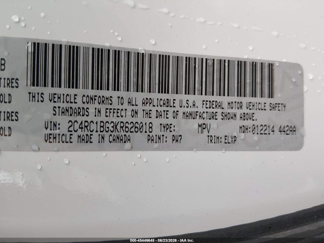 45446648 :رقم المزاد ، 2C4RC1BG3KR626018 vin ، 2019 Chrysler Pacifica Touring L مزاد بيع