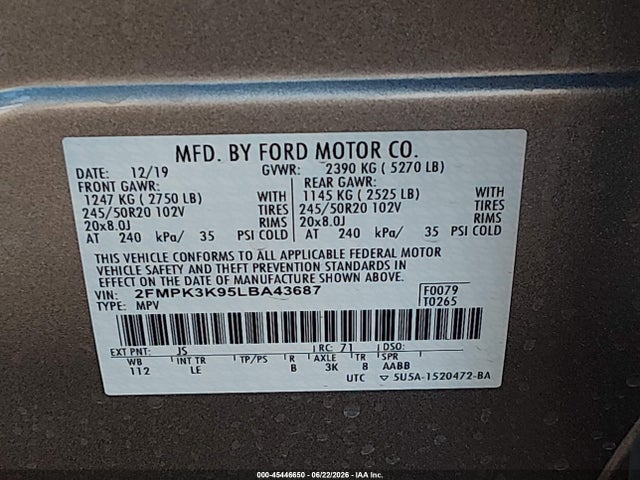 2FMPK3K95LBA43687 Ford Edge Titanium