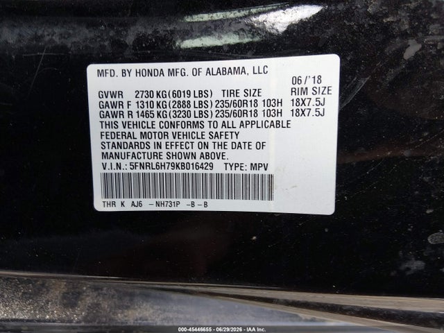 Honda Odyssey Ex-l 2019 5FNRL6H79KB016429 Image 9