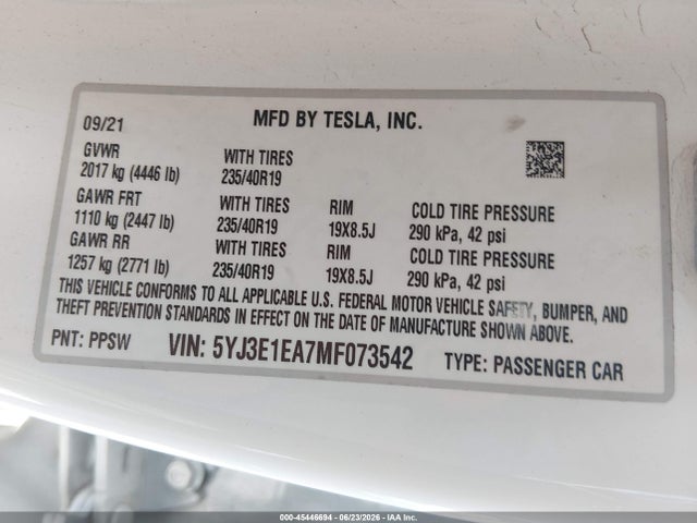 Продаж на аукціоні авто 2021 Tesla Model 3 Standard Range Plus Rear-wheel Drive, vin: 5YJ3E1EA7MF073542, номер лоту: 45446694