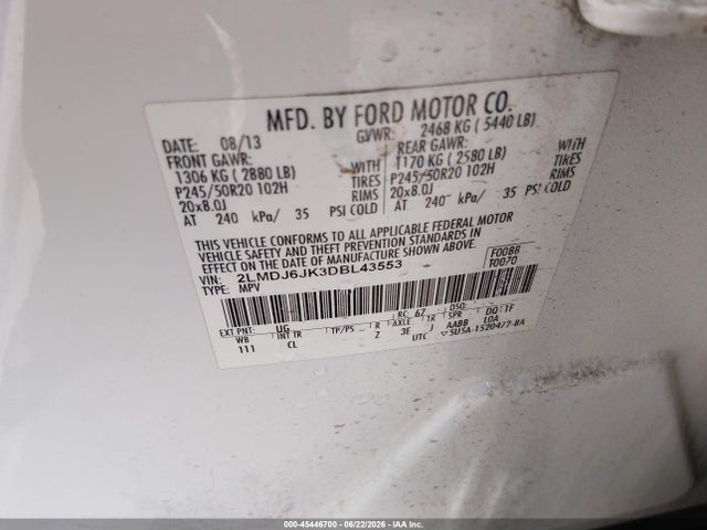 Продажа на аукционе авто 2013 Lincoln Mkx, vin: 2LMDJ6JK3DBL43553, номер лота: 45446700