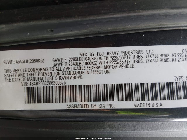 Aukcja sprzedaży 2008 Subaru Outback (natl) Xt Ltd, vin: 4S4BP63C386309575, numer aukcji: 45446722