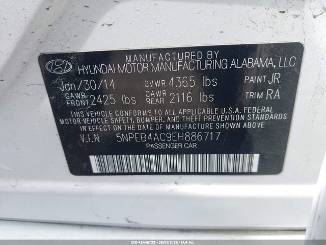 Aukcja sprzedaży 2014 Hyundai Sonata Gls, vin: 5NPEB4AC9EH886717, numer aukcji: 45446729