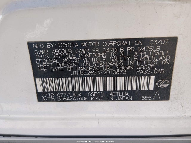 Продажа на аукционе авто 2007 Lexus Is 350, vin: JTHBE262372010873, номер лота: 45446750