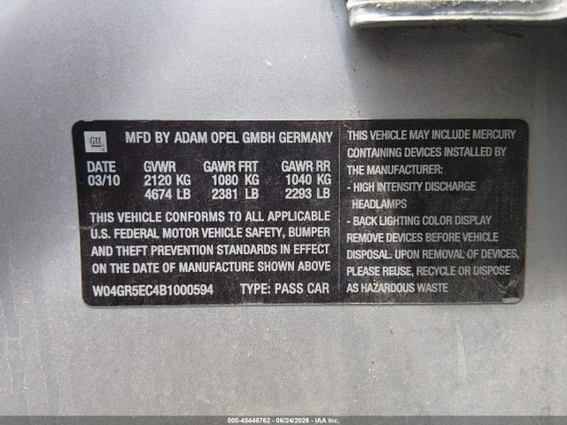 Aukcja sprzedaży 2011 Buick Regal Cxl Russelsheim, vin: W04GR5EC4B1000594, numer aukcji: 45446762
