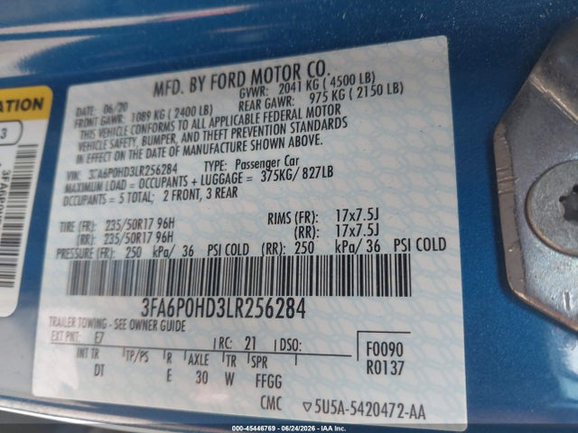 45446769 :رقم المزاد ، 3FA6P0HD3LR256284 vin ، 2020 Ford Fusion Se مزاد بيع