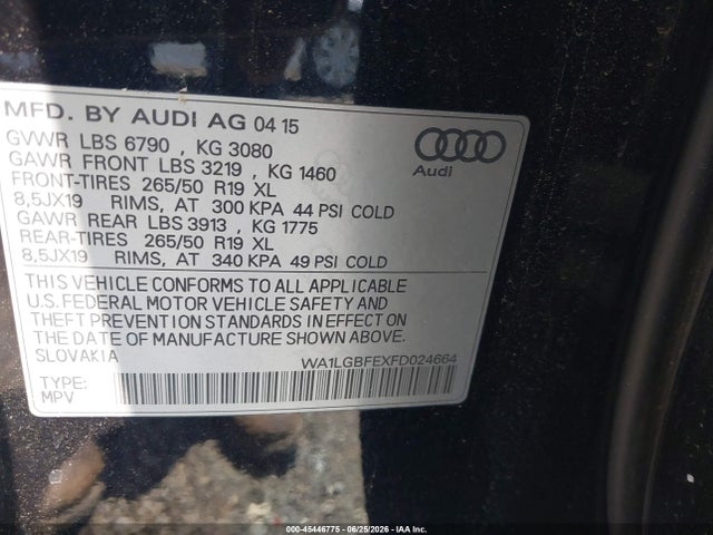 45446775 :رقم المزاد ، WA1LGBFEXFD024664 vin ، 2015 Audi Q7 3.0t Premium مزاد بيع