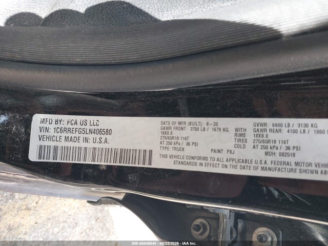 45446840 :رقم المزاد ، 1C6RREFG5LN406580 vin ، 2020 Ram 1500 Lone Star  4x2 5'7 Box مزاد بيع