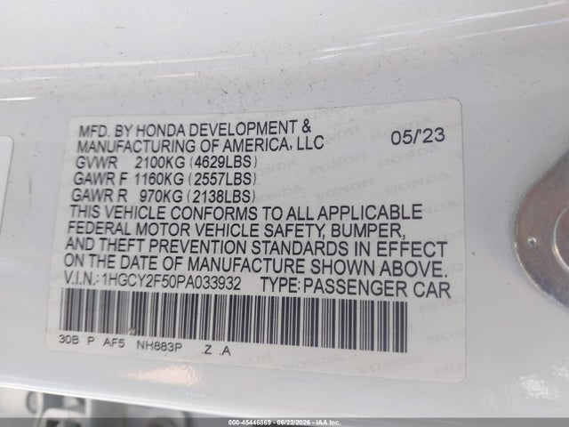 1HGCY2F50PA033932 Honda Accord Hybrid Sport