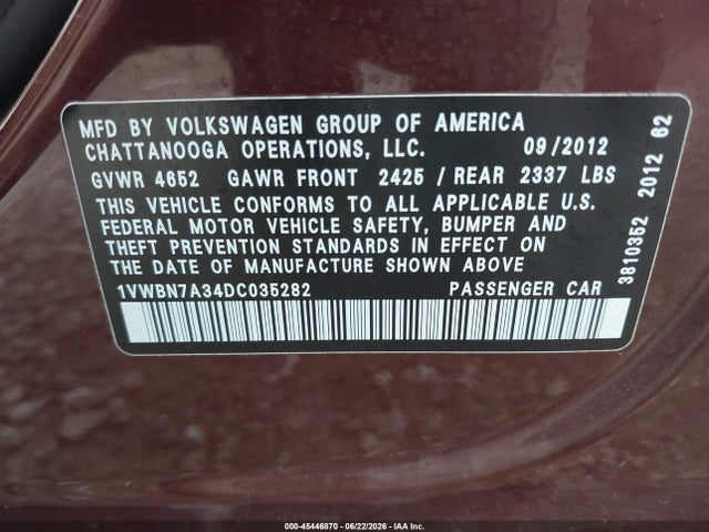 Aukcja sprzedaży 2013 Volkswagen Passat 2.0l Tdi Se, vin: 1VWBN7A34DC035282, numer aukcji: 45446870