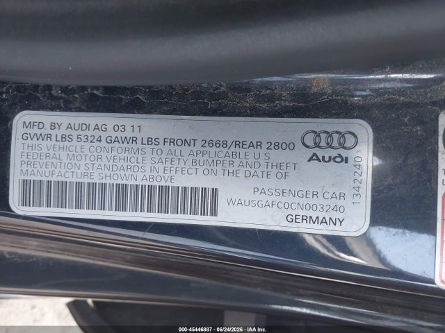 2012 Audi A7 Premium მანქანა იყიდება აუქციონზე, vin: WAUSGAFC0CN003240, აუქციონის ნომერი: 45446887