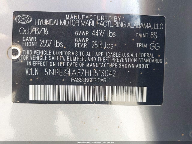 Aukcja sprzedaży 2017 Hyundai Sonata Sport, vin: 5NPE34AF7HH513042, numer aukcji: 45446923