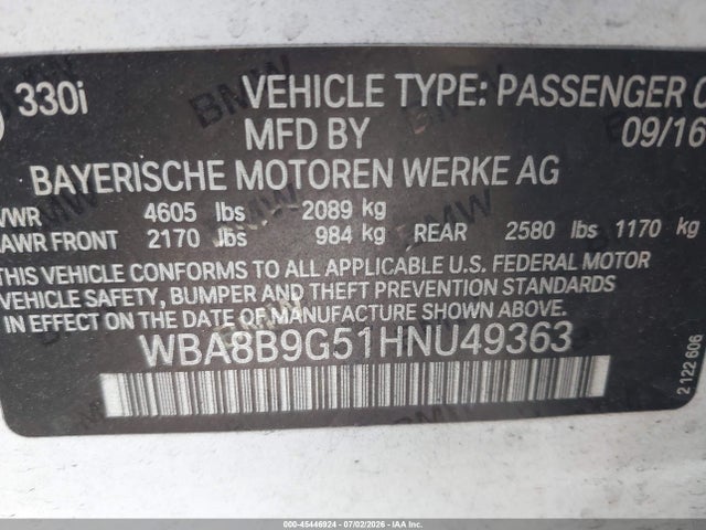 Aukcja sprzedaży 2017 Bmw 330i, vin: WBA8B9G51HNU49363, numer aukcji: 45446924