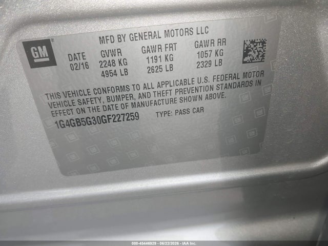 45446929 :رقم المزاد ، 1G4GB5G30GF227259 vin ، 2016 Buick Lacrosse Leather مزاد بيع