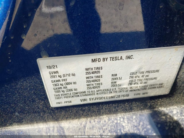 Auction sale of the 2021 Tesla Model Y Long Range Dual Motor All-wheel Drive, vin: 5YJYGDEE9MF287646, lot number: 45446989