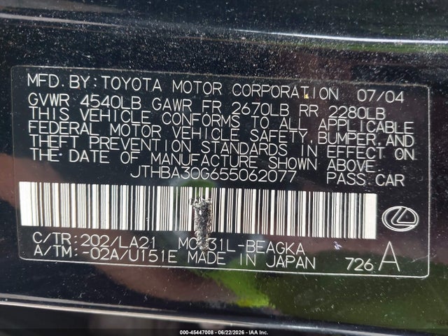 2005 Lexus Es 330 მანქანა იყიდება აუქციონზე, vin: JTHBA30G655062077, აუქციონის ნომერი: 45447008