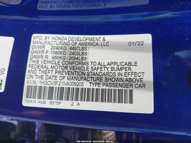 1HGCV3F21NA009205 Honda Accord Hybrid Sport