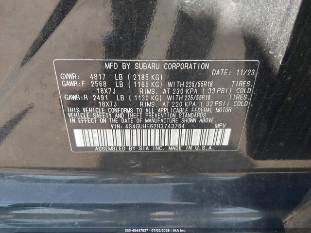 45447027 :رقم المزاد ، 4S4GUHF62R3743764 vin ، 2024 Subaru Crosstrek Sport مزاد بيع