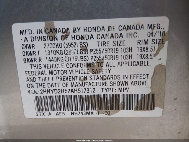 Продаж на аукціоні авто 2010 Acura Mdx Advance Package, vin: 2HNYD2H52AH517312, номер лоту: 45447044
