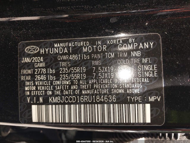 Продажа на аукционе авто 2024 Hyundai Tucson Hybrid Sel Convenience, vin: KM8JCCD16RU184636, номер лота: 45447050