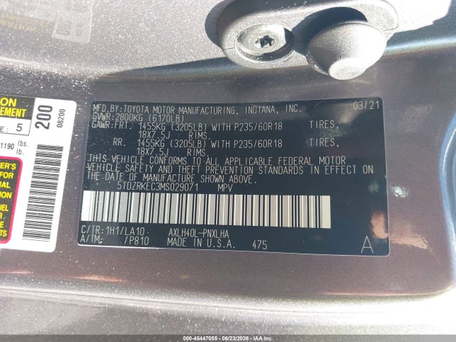 Продажа на аукционе авто 2021 Toyota Sienna Limited, vin: 5TDZRKEC3MS029071, номер лота: 45447055