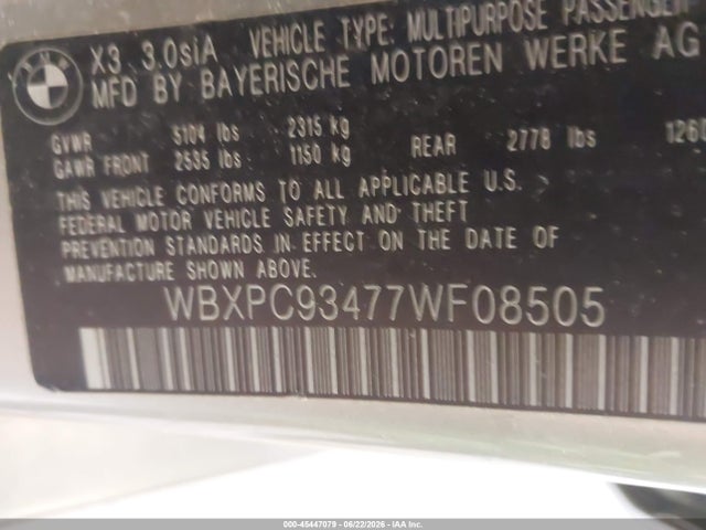 Aukcja sprzedaży 2007 Bmw X3 3.0si, vin: WBXPC93477WF08505, numer aukcji: 45447079