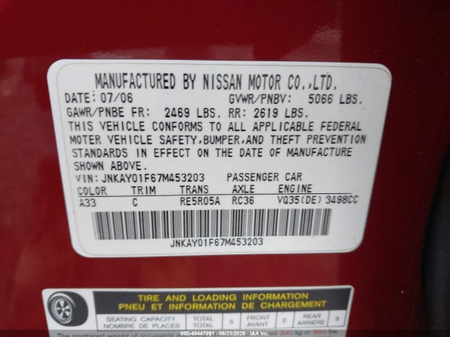 Aukcja sprzedaży 2007 Infiniti M35x, vin: JNKAY01F67M453203, numer aukcji: 45447091