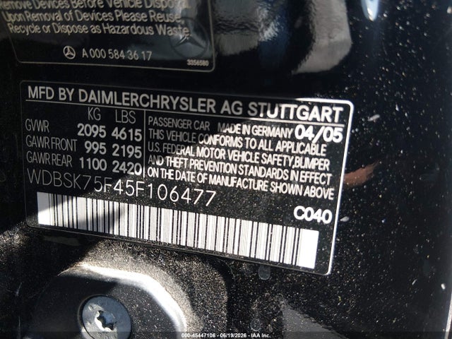 Aukcja sprzedaży 2005 Mercedes-benz Sl 500, vin: WDBSK75F45F106477, numer aukcji: 45447106