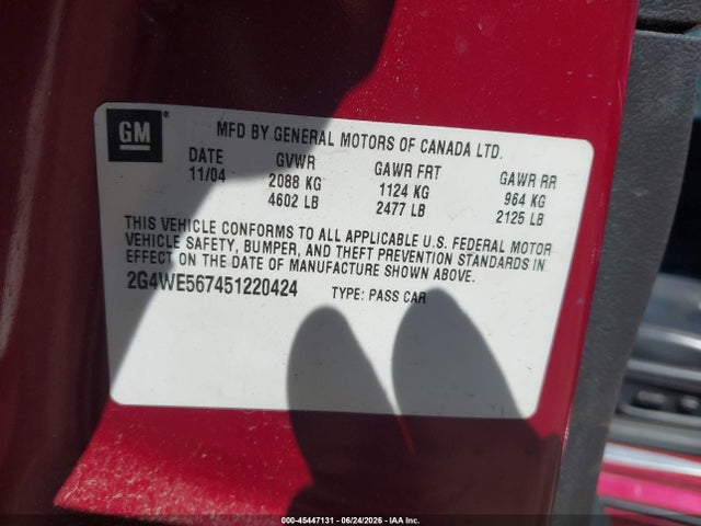 Aukcja sprzedaży 2005 Buick Lacrosse Cxs, vin: 2G4WE567451220424, numer aukcji: 45447131