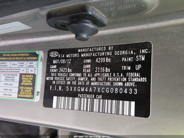 45447132 :رقم المزاد ، 5XXGM4A7XCG080433 vin ، 2012 Kia Optima Lx مزاد بيع