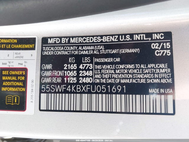 Aukcja sprzedaży 2015 Mercedes-benz C 300 4matic, vin: 55SWF4KBXFU051691, numer aukcji: 45447159