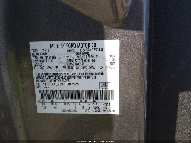 Продаж на аукціоні авто 2012 Ford F-150 Fx4/lariat/stx/xl/xlt, vin: 1FTFX1EF2CFB07125, номер лоту: 45447168