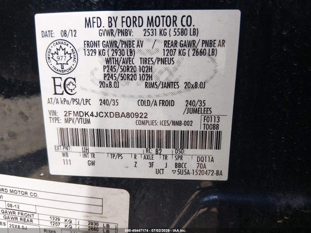 Продаж на аукціоні авто 2013 Ford Edge Sel, vin: 2FMDK4JCXDBA80922, номер лоту: 45447174
