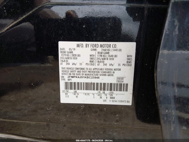 Aukcja sprzedaży 2019 Ford Edge Sel, vin: 2FMPK4J91KBC23948, numer aukcji: 45447175