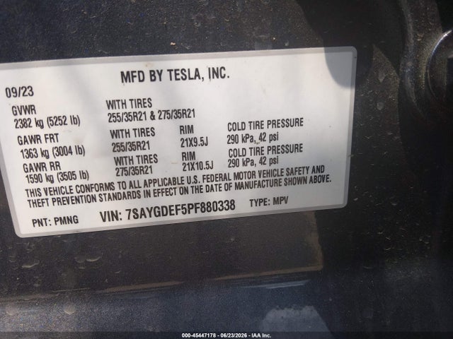 45447178 :رقم المزاد ، 7SAYGDEF5PF880338 vin ، 2023 Tesla Model Y Performance Dual Motor All-wheel Drive مزاد بيع
