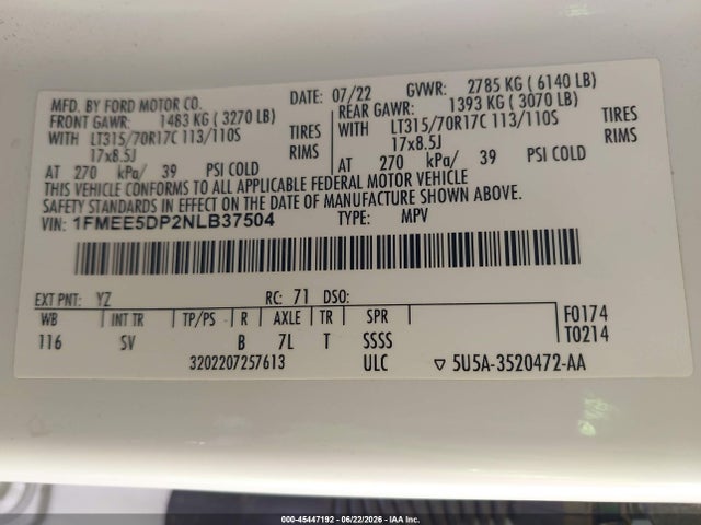 2022 Ford Bronco Black Diamond მანქანა იყიდება აუქციონზე, vin: 1FMEE5DP2NLB37504, აუქციონის ნომერი: 45447192