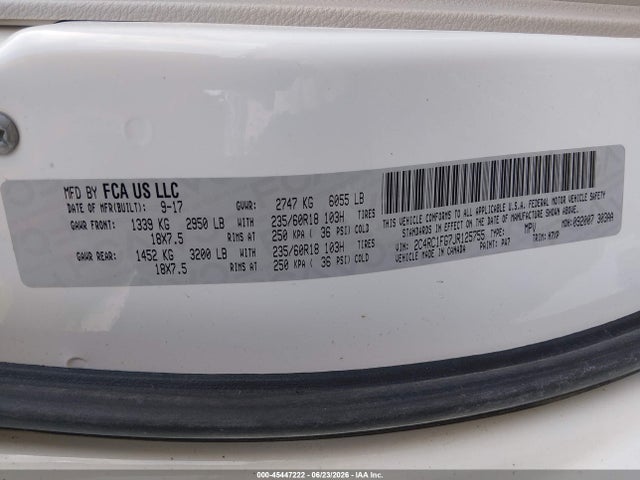 Продажа на аукционе авто 2018 Chrysler Pacifica Touring Plus, vin: 2C4RC1FG7JR125755, номер лота: 45447222