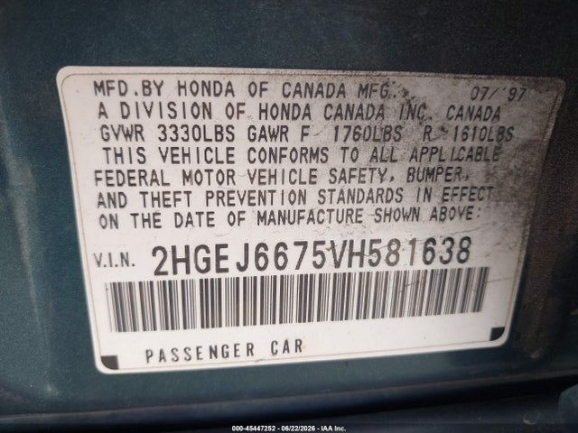 Продаж на аукціоні авто 1997 Honda Civic Lx, vin: 2HGEJ6675VH581638, номер лоту: 45447252