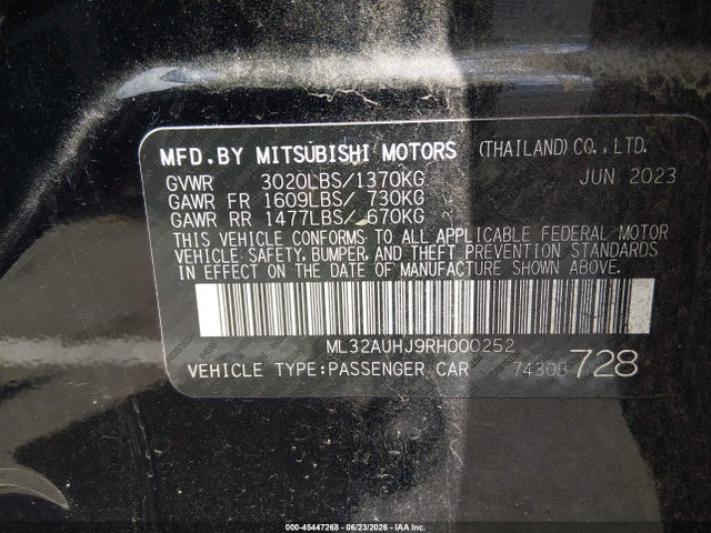 Aukcja sprzedaży 2024 Mitsubishi Mirage Es/le, vin: ML32AUHJ9RH000252, numer aukcji: 45447268
