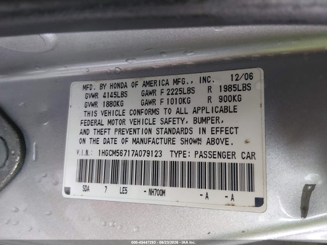 2007 Honda Accord 2.4 Ex მანქანა იყიდება აუქციონზე, vin: 1HGCM56717A079123, აუქციონის ნომერი: 45447293