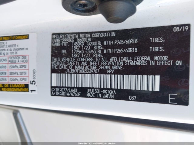 45447302 :رقم المزاد ، JTJBM7FX0K5239707 vin ، 2019 Lexus Gx 460 Premium مزاد بيع