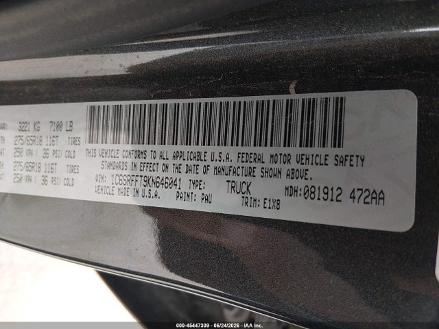 45447309 :رقم المزاد ، 1C6SRFFT9KN646041 vin ، 2019 Ram 1500 Big Horn/lone Star  4x4 5'7 Box مزاد بيع