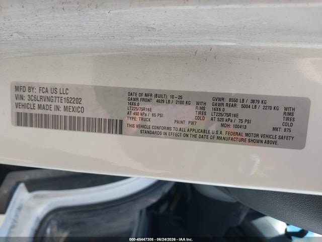 Aukcja sprzedaży 2026 Ram Promaster 1500 Tradesman Low Roof 118 Wb W/pass Seat, vin: 3C6LRVNG7TE162202, numer aukcji: 45447308