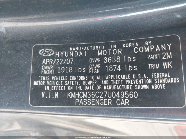 Продажа на аукционе авто 2007 Hyundai Accent Gs, vin: KMHCM36C27U049560, номер лота: 45447323