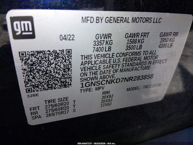 1GNSCNKD7NR283858 Chevrolet Tahoe 2wd Lt
