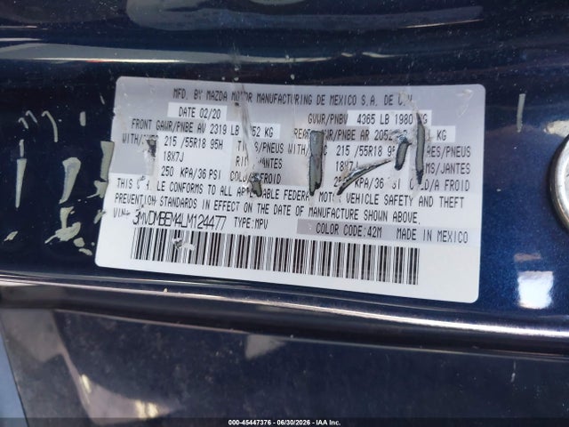 2020 Mazda Cx-30 Premium Package მანქანა იყიდება აუქციონზე, vin: 3MVDMBEM4LM124477, აუქციონის ნომერი: 45447376
