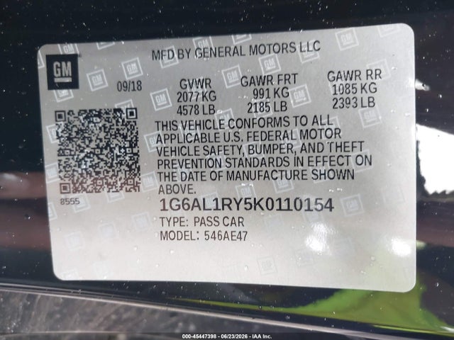 45447398 :رقم المزاد ، 1G6AL1RY5K0110154 vin ، 2019 Cadillac Ats-v مزاد بيع